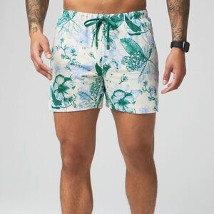 Fabletics The One Short Men L Cream Floral Green 5” Unlined Drawstring Gym Sport